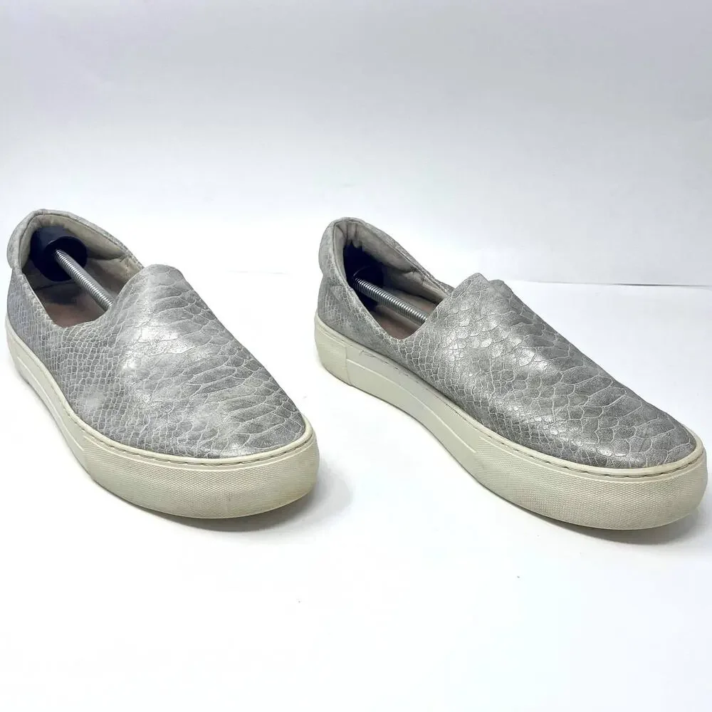 J SLIDES Silver White Slip On Snake Print Sneakers